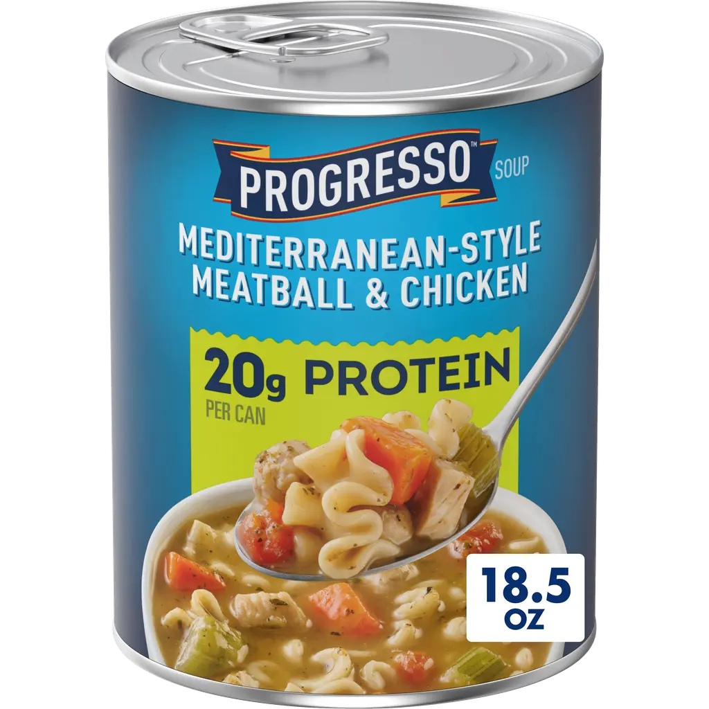 Can of Progresso Mediterranean-Style Meatball & Chicken soup. Image from Progresso.com