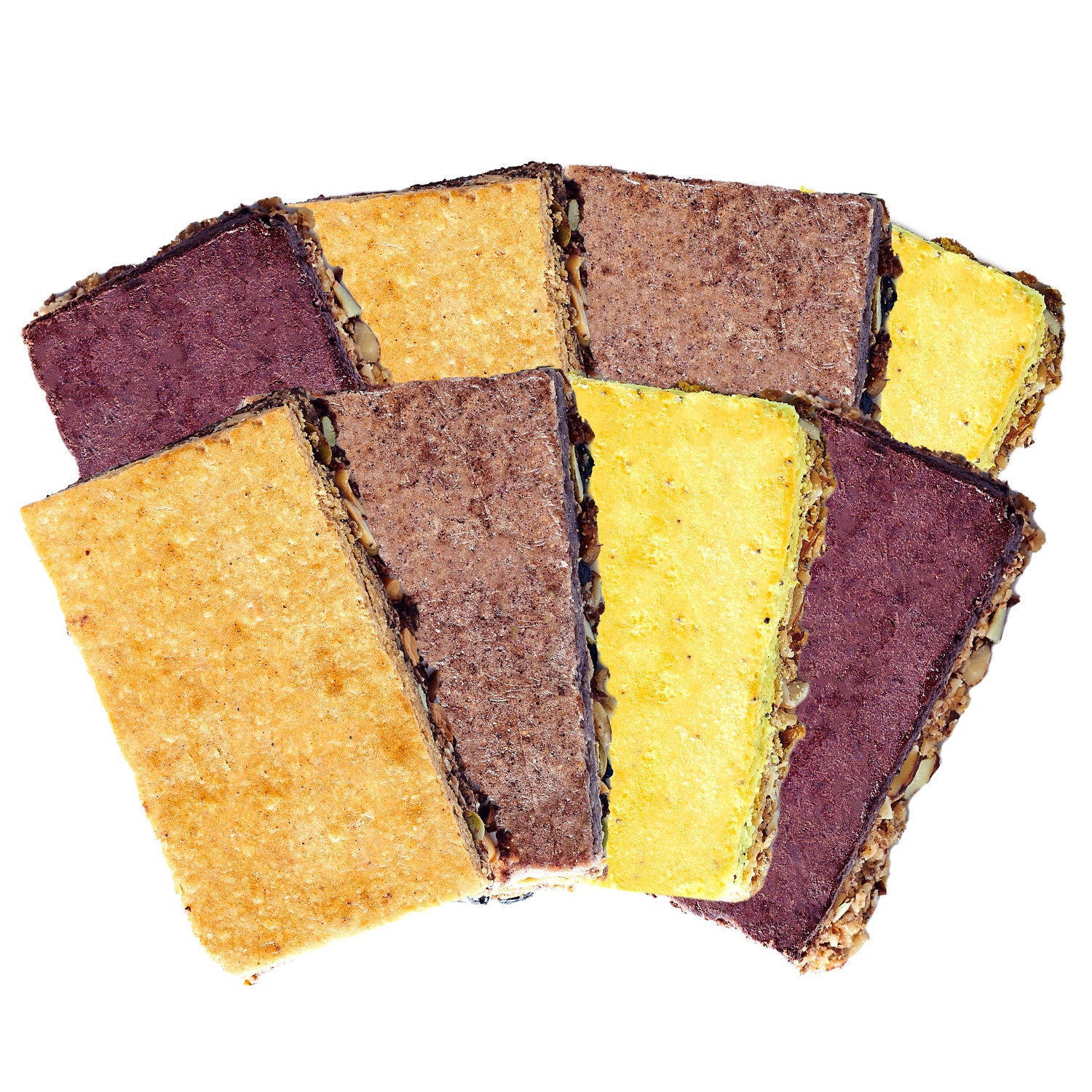 A variety of 8 protein bars arranged in a 2x4 grid, showing different colors and flavors.