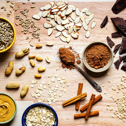 Whole food ingredients such as almonds, peanuts, cinnamon, oats, and peanut butter.